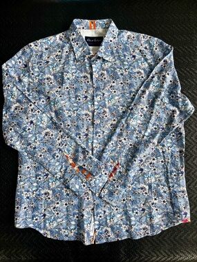 Robert Graham Men's Blue Floral linen cotton blend Button down Shirt